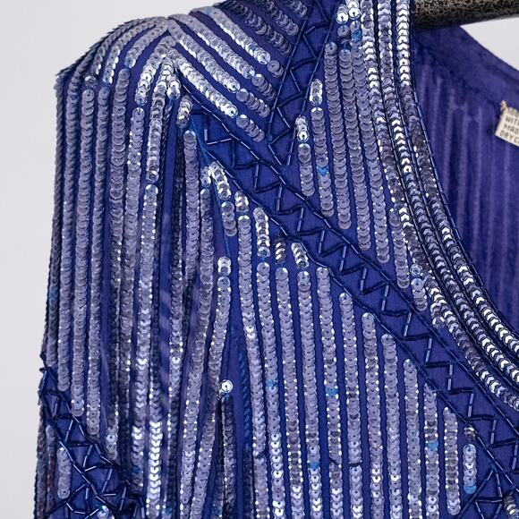 Vintage 80s Beaded Silk Cocktail Dress Women's SMALL Ruffle Asymmetric Hem Blue - Picture 4 of 9